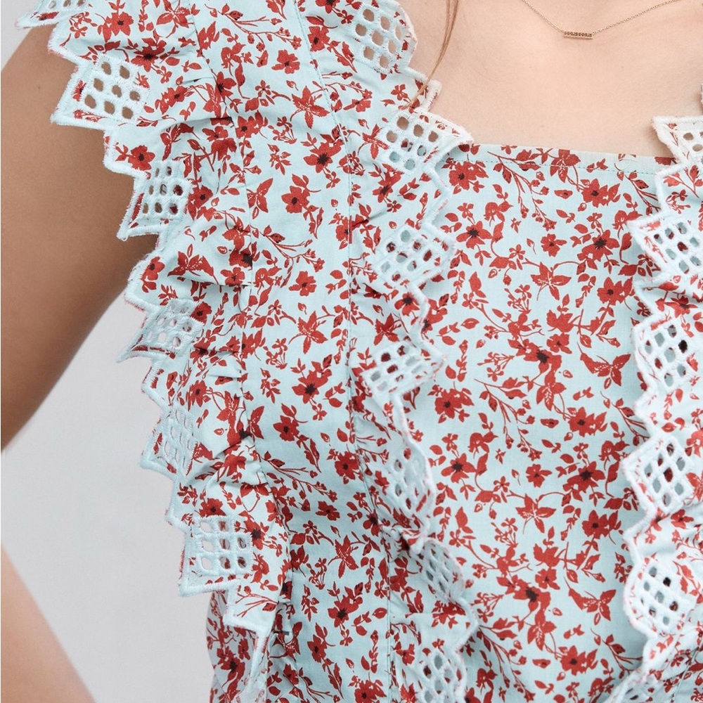 Floral Lace Trim Blouse - Red and White